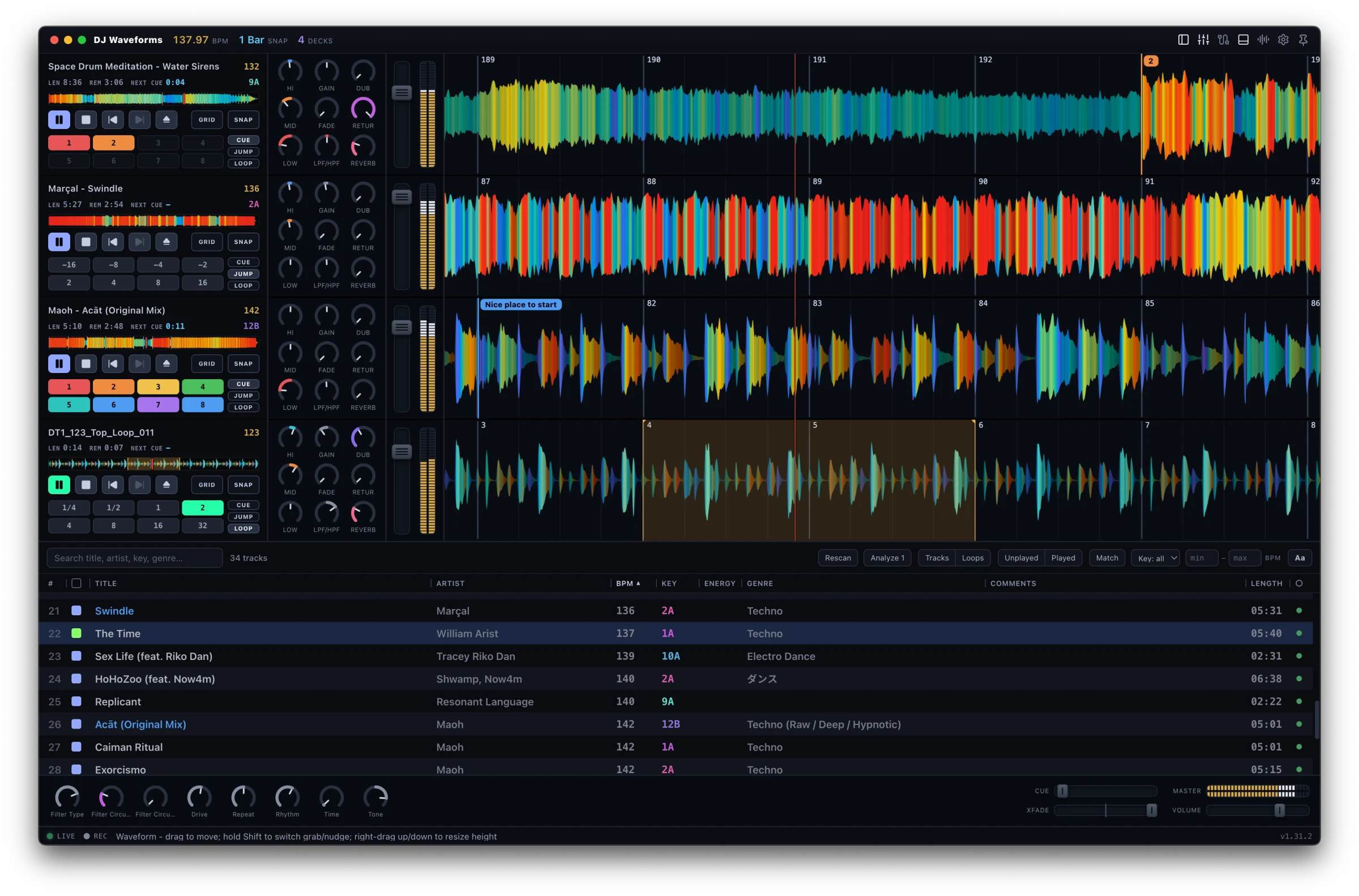 Four decks mid-mix with named hot cues, an armed loop, mixer knobs and the library open