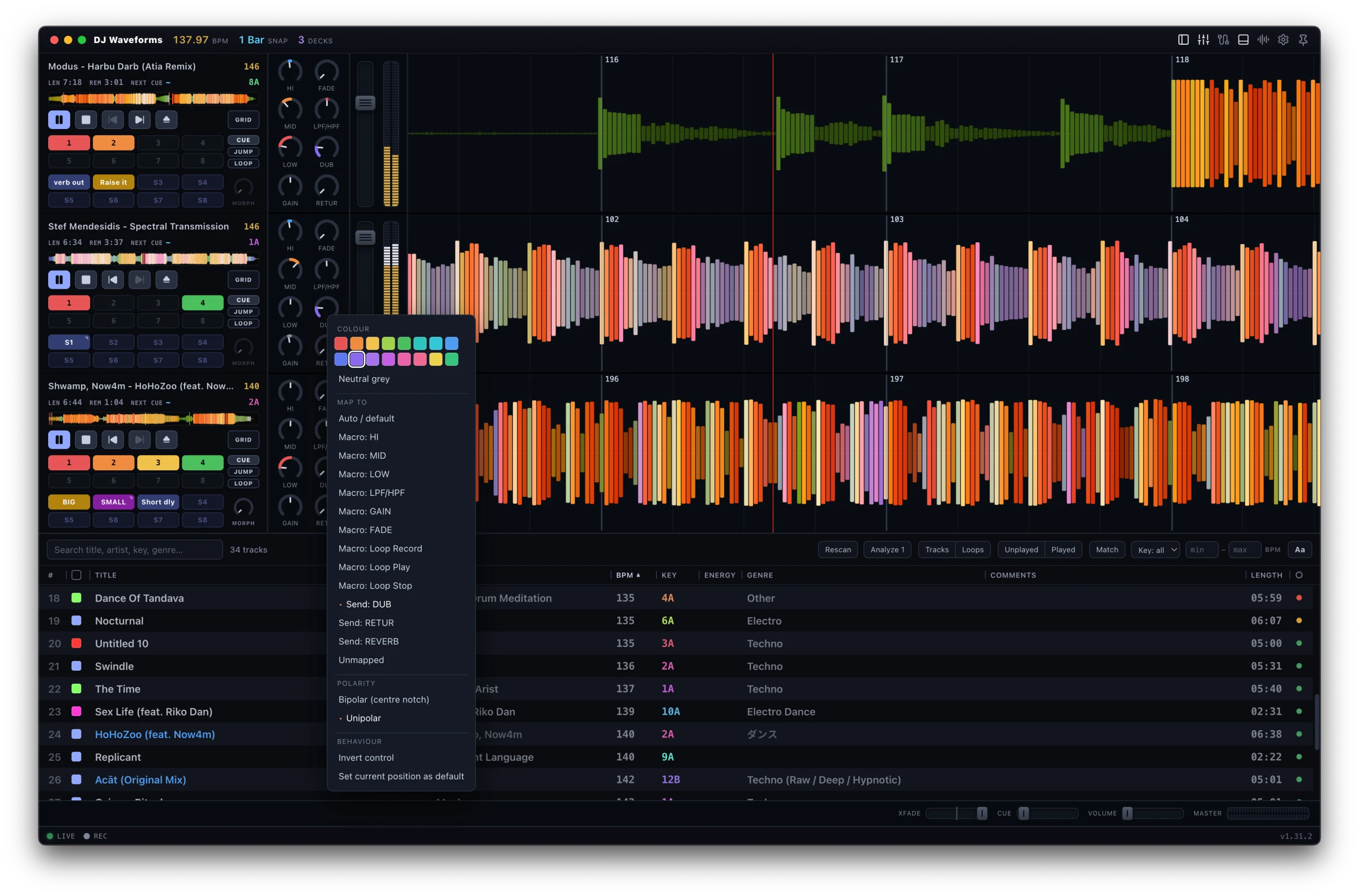 Additive bars waveform style with a knob's right-click menu open