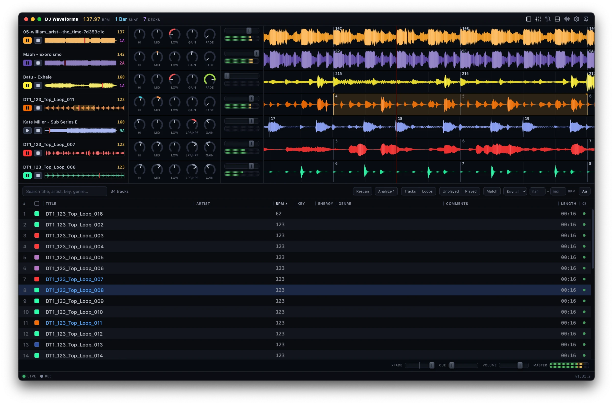 Seven decks in the compact layout, one colour per deck, loops and tracks in the library