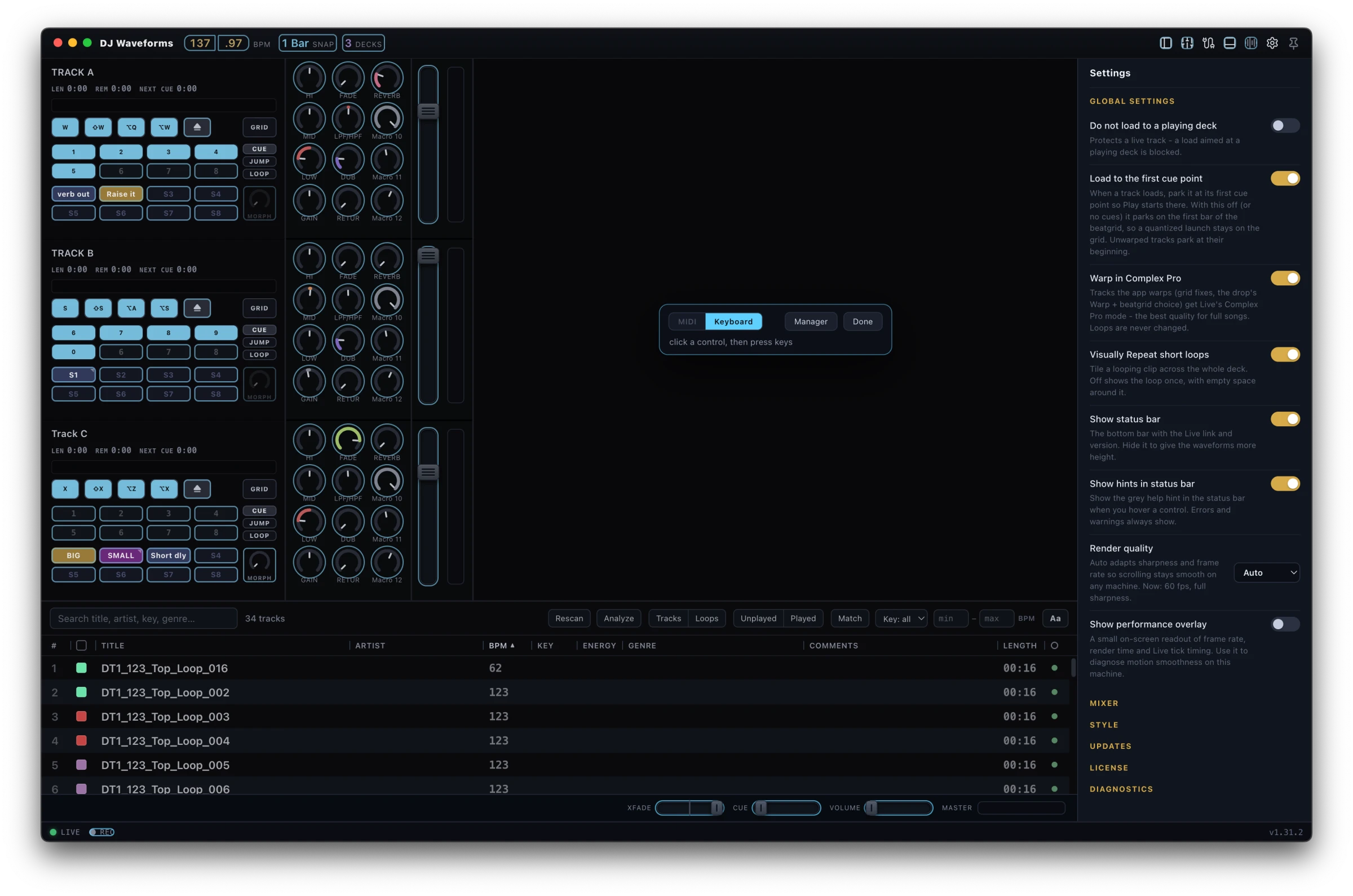 Keyboard mapping mode highlighting every mappable control, with the settings sidebar open