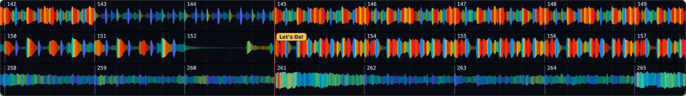 Waveforms only view: three decks as nothing but scrolling waveform lanes with bar numbers, a hot cue label and the red playhead